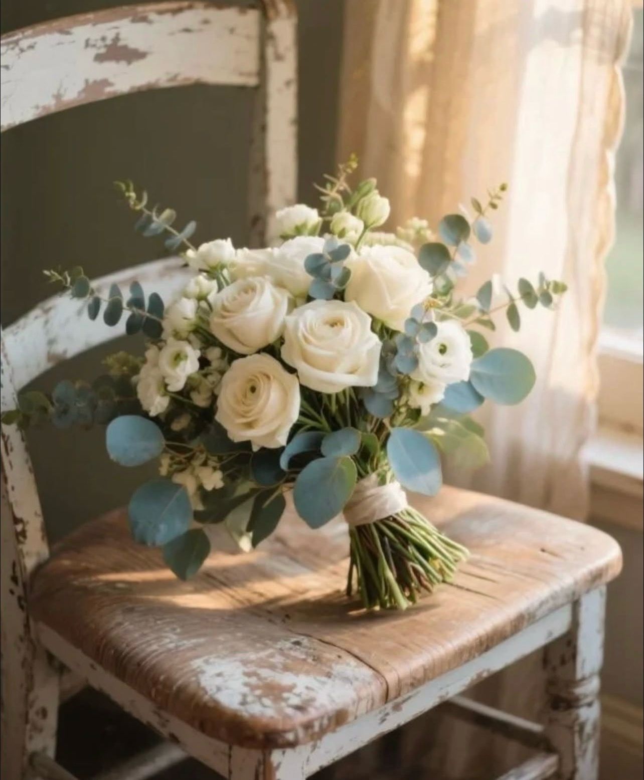 Ramo de novia con rosas blancas y eucalipto