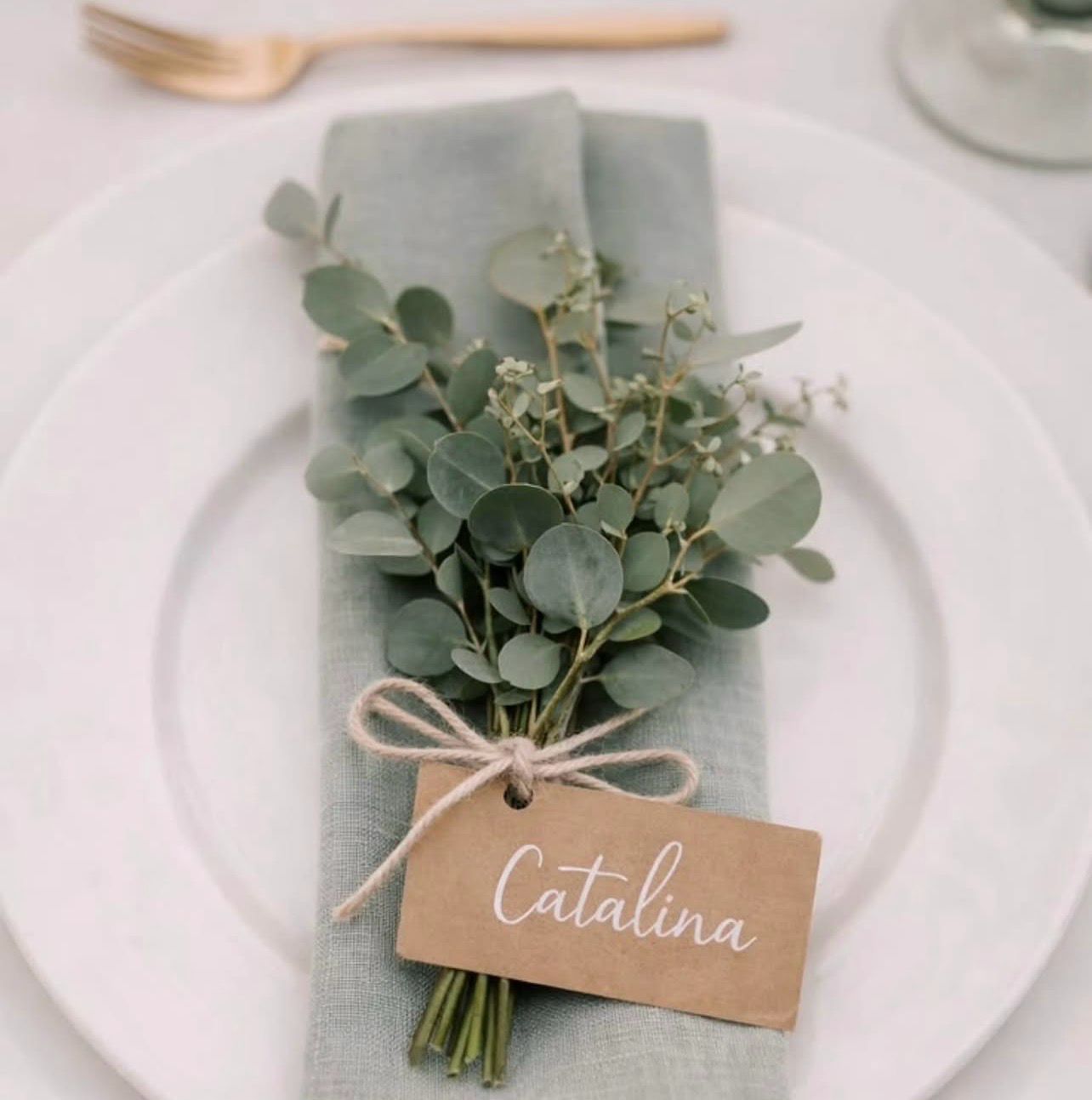 Servilleta con eucalipto y tarjeta de invitado